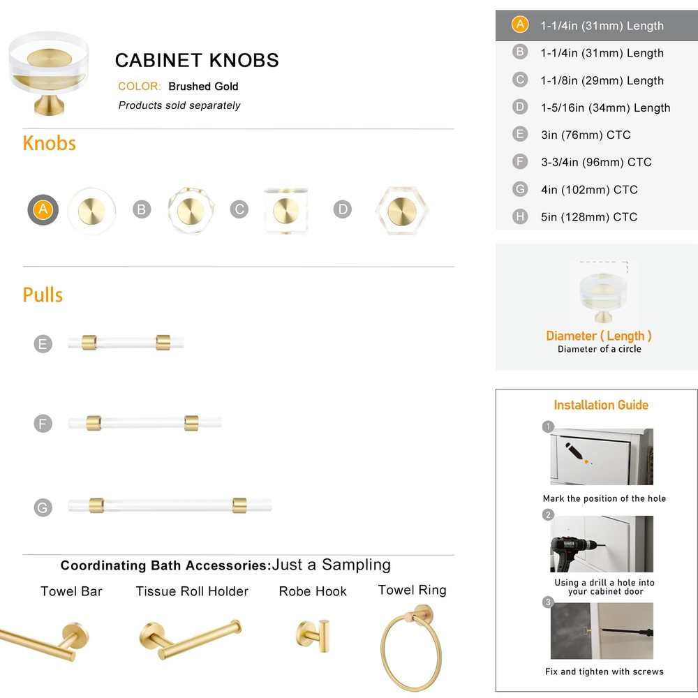 20 Pack Gold Cabinet Knobs, 1-1/4" Round Clear Glass and Brass Drawer Knobs, ...