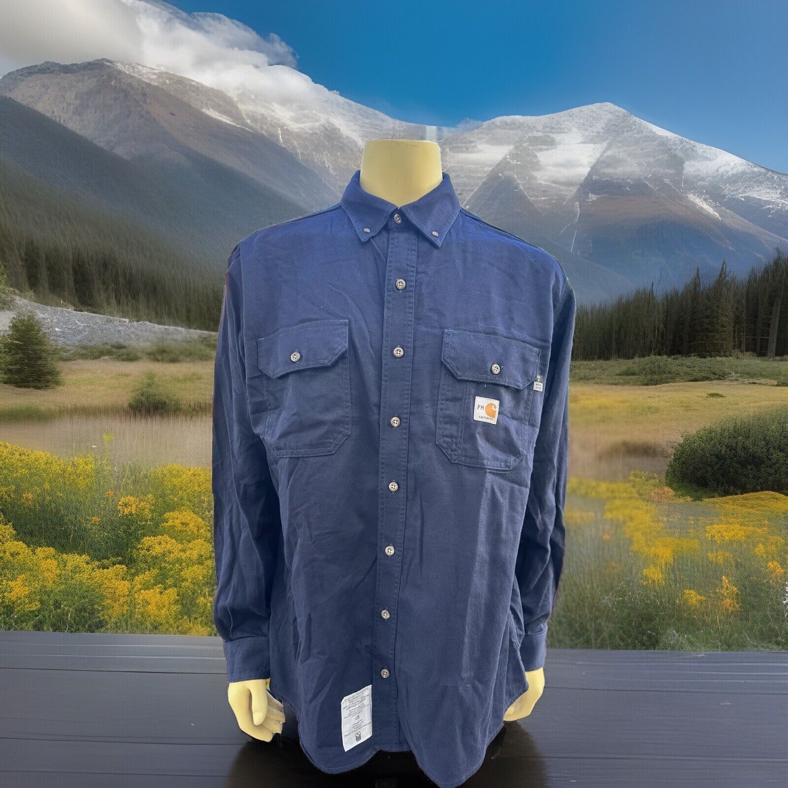 2 Carhartt FR Button Down Cotton Work Shirts Large RG Navy