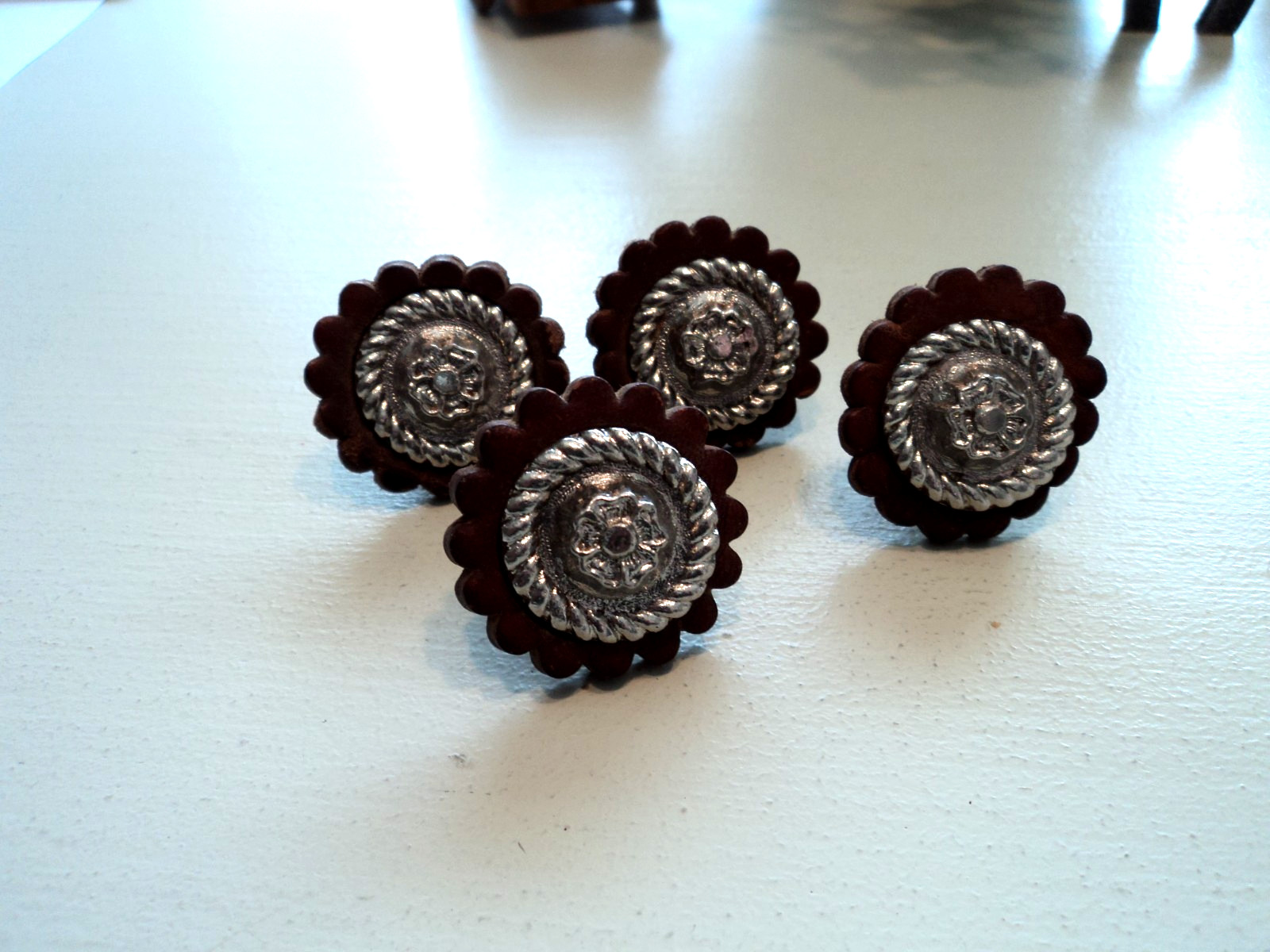 Four Western Saddle Conchos floral screw in w/leather rosettes