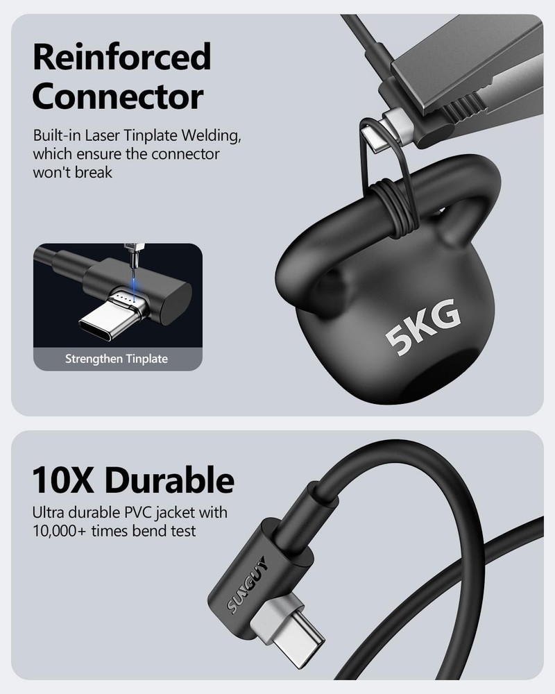 SUNGUY USB C 90 Degree Cable 1FT, 2-Pack Right Angle 3A 2.0 Black