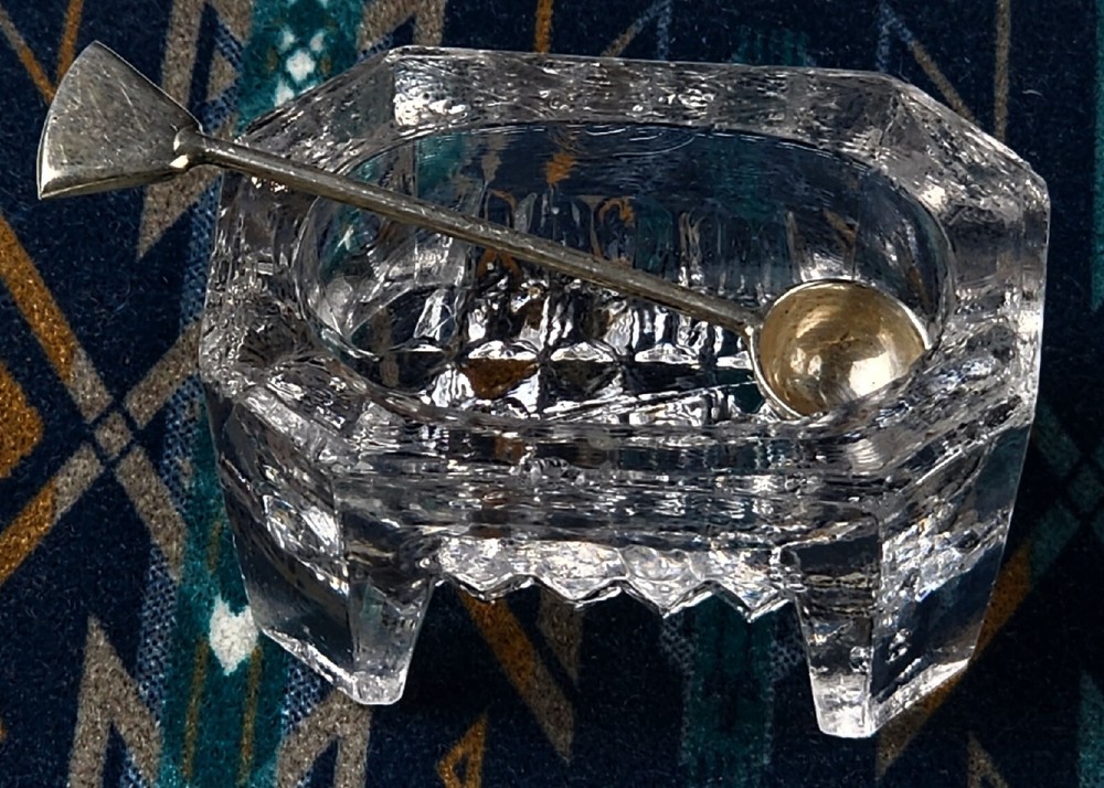 Vintage Open Footed Crystal Salt Cellar (Rectangular) with 925 Silver Spoon