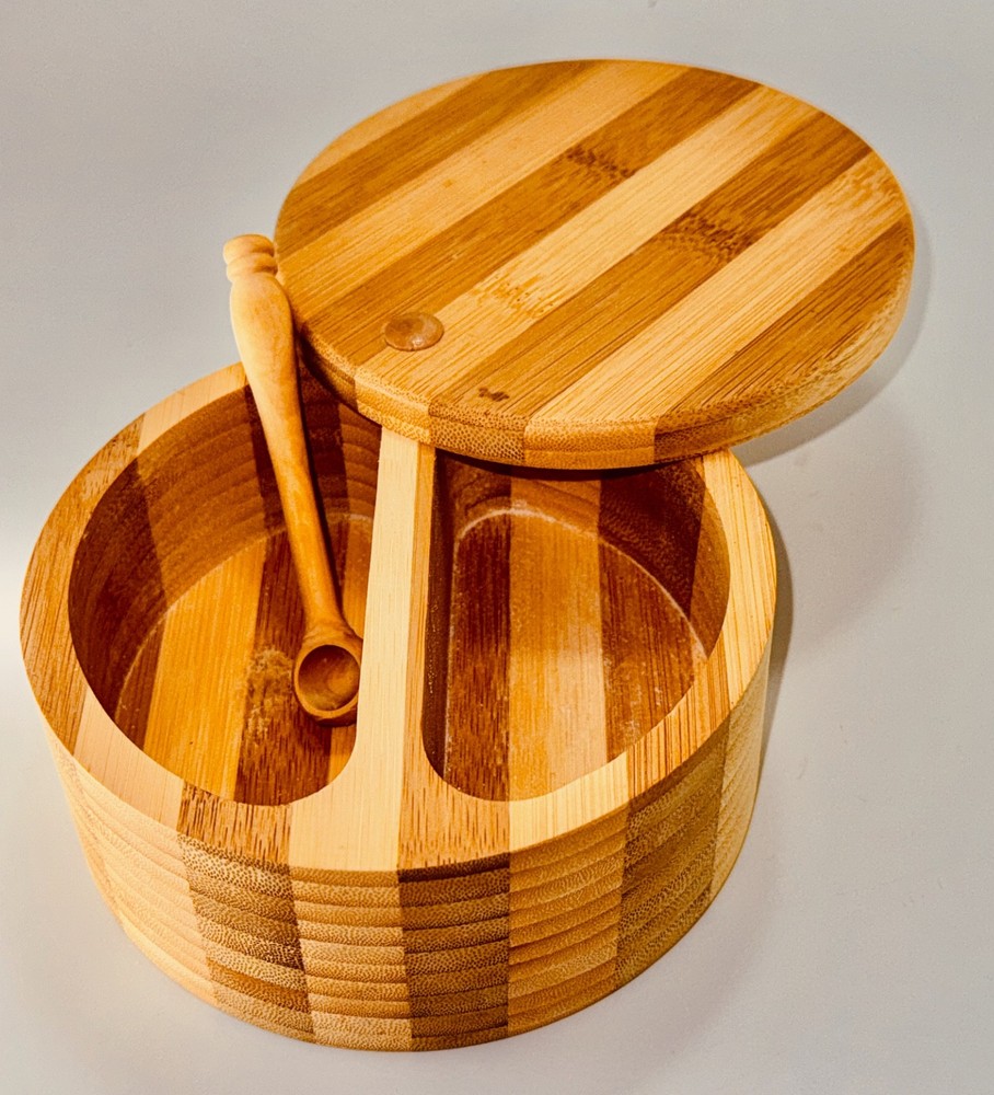 Salt Box Cellar with Spoon Double Capacity Bamboo