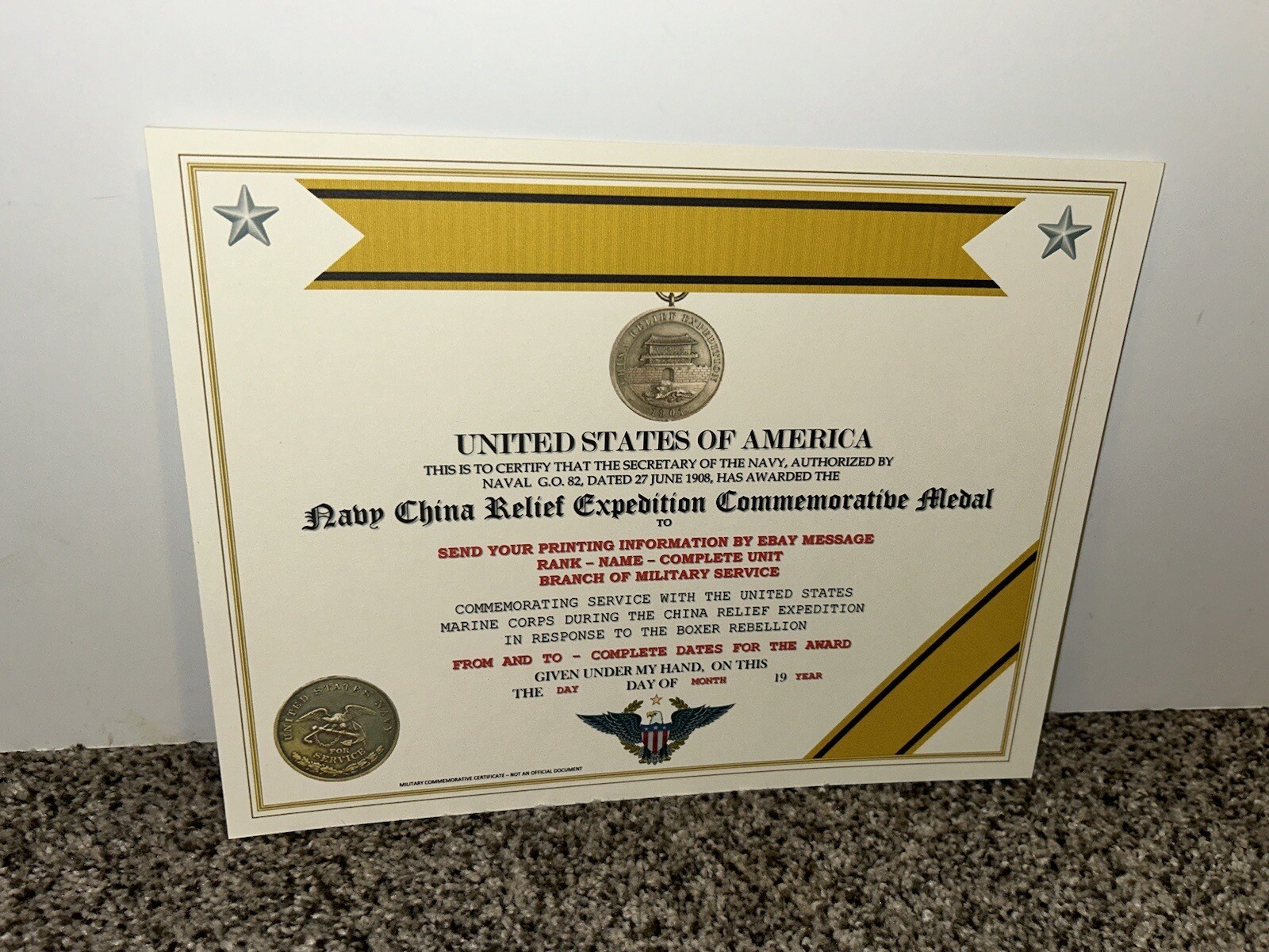 NAVY CHINA RELIEF EXPEDITION COMMEMORATIVE MEDAL CERTIFICATE ~ W/PRINTING TYPE-1