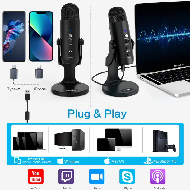 Plug and Play USB Microphone for PC Mac Gaming Recording Streaming Podcasting