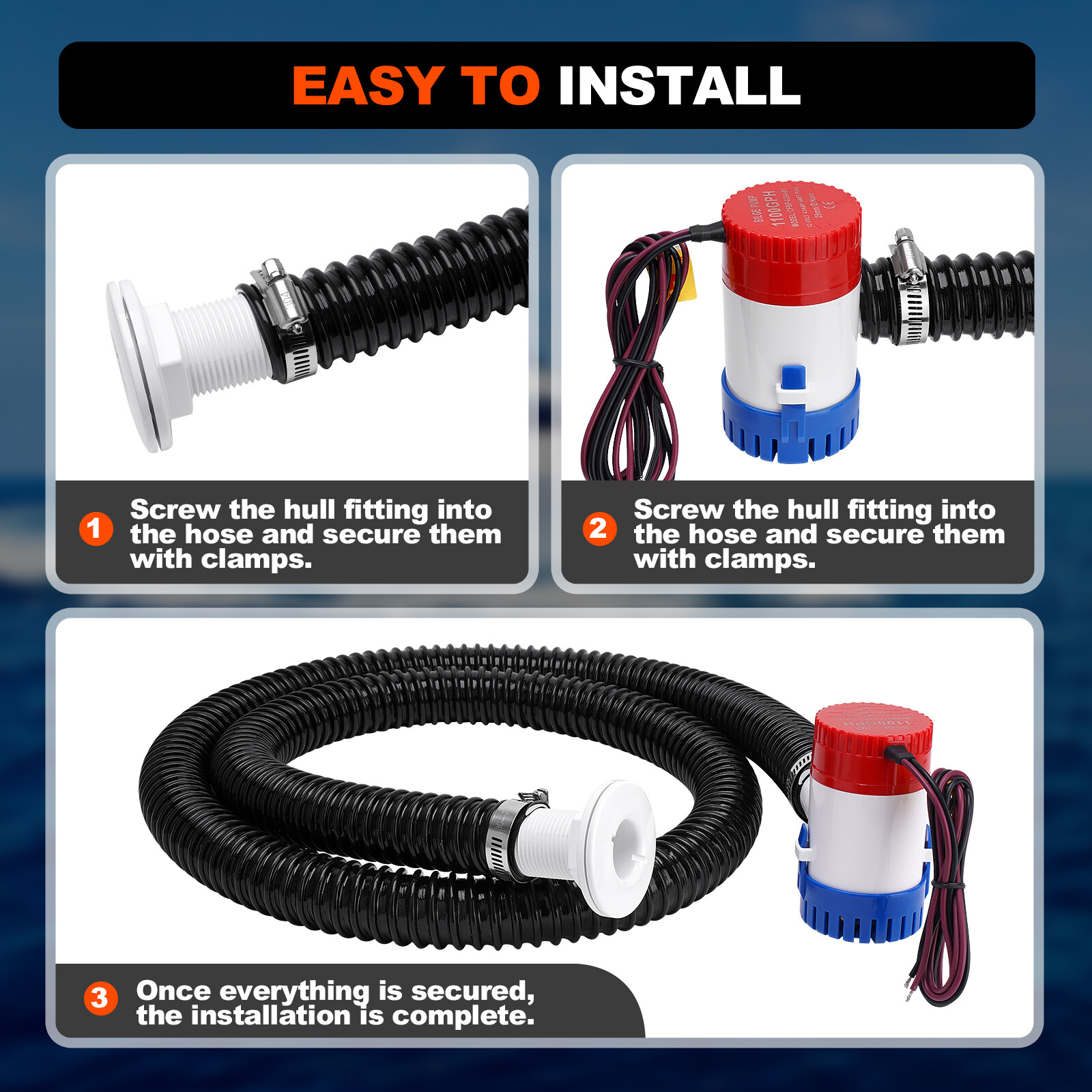 1100 GPH Boat Bilge Water Pump 12V 1-1/8 Inch Dia Bilge Pump Plumbing Kit W/Hose