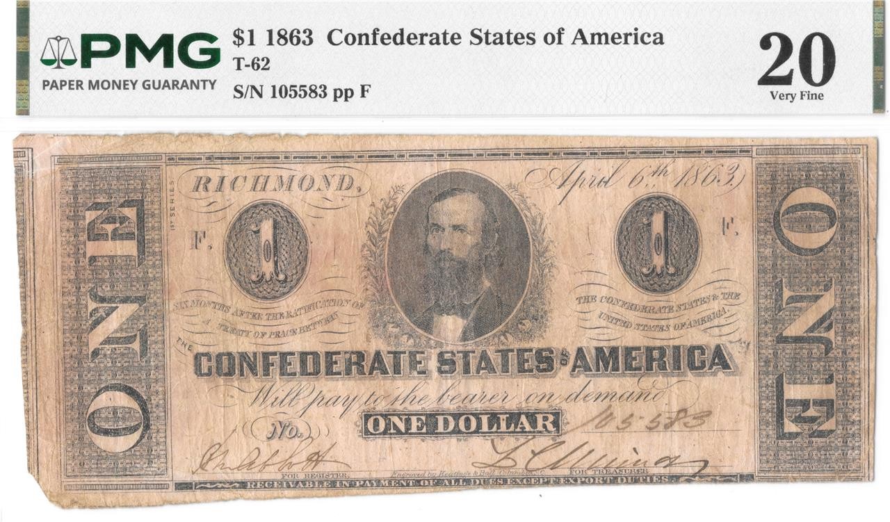 T-62 1863 $1 Confederate States Note Civil War Money PF-1 PMG VF 20 Big Margins