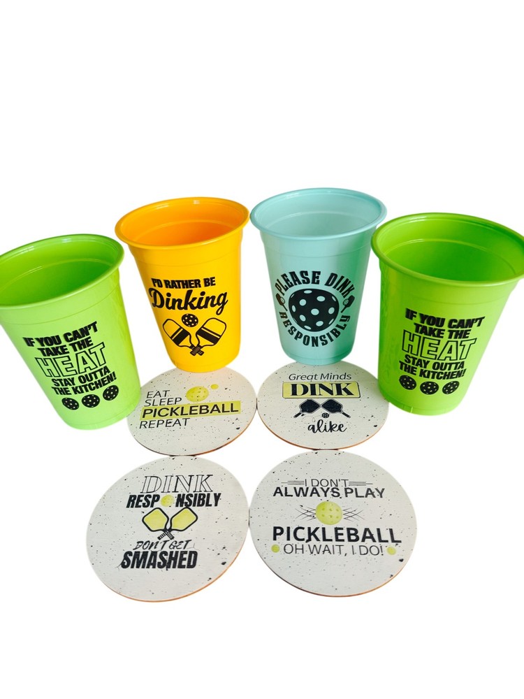 4) Pickleball Plastic Cups" & 4) Pickleball Coasters - Combo - w/ Unique Designs
