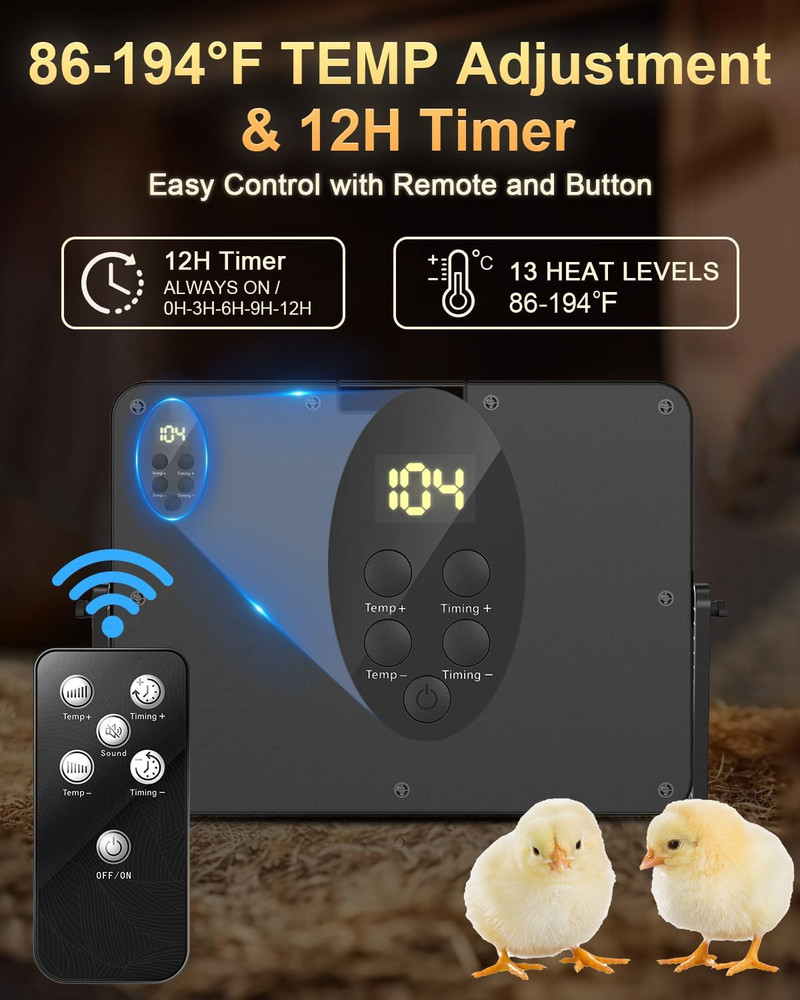 Chick Brooder Heater with Adjustable Temp (86~194℉) & 12H Timer & Height & Angle