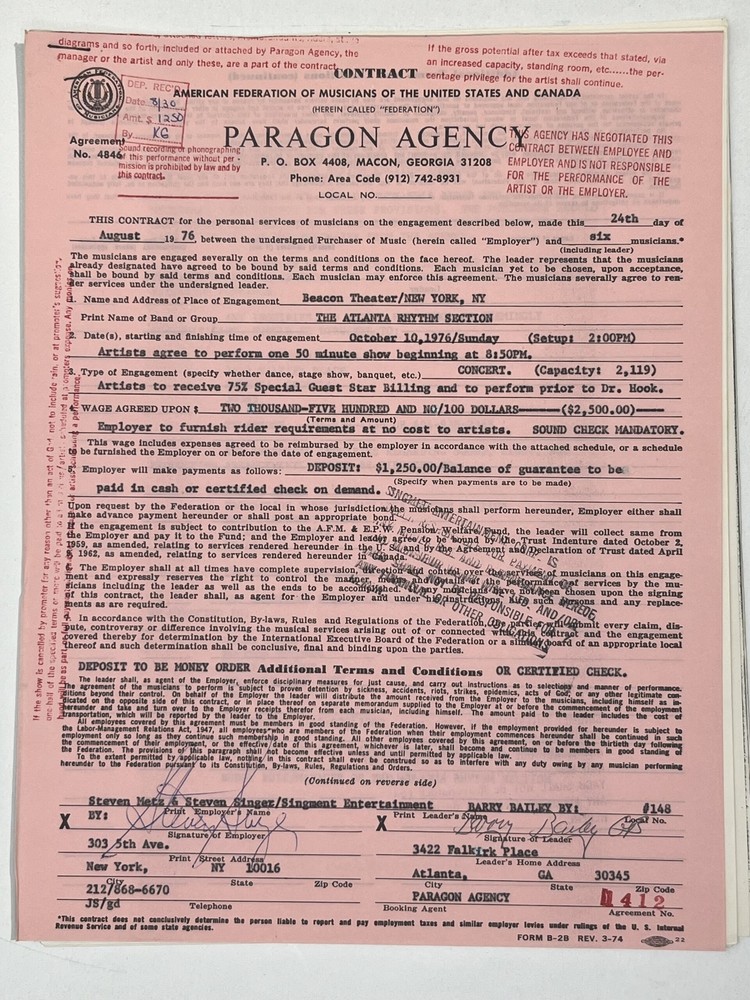 The Atlanta Rhythm Section Concert Contract 1976 New York NY