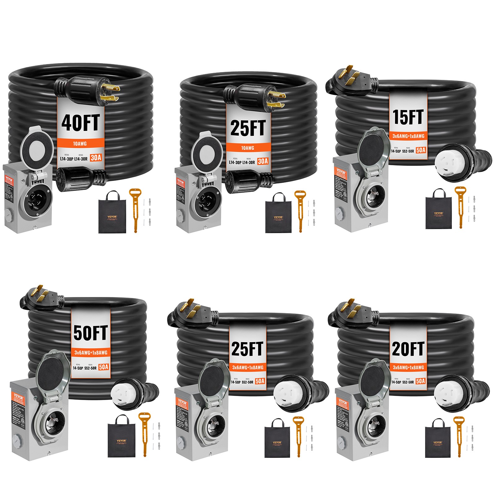 VEVOR 50/30 Amp Generator Cord and Power Inlet Box 15/25/20/40/50FT