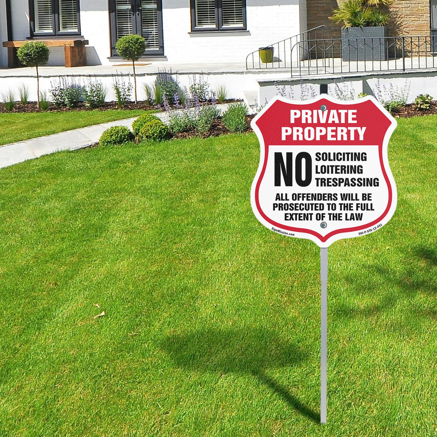 Private Property Shield Sign No Soliciting Loitering Tre Shield Sign With Stake