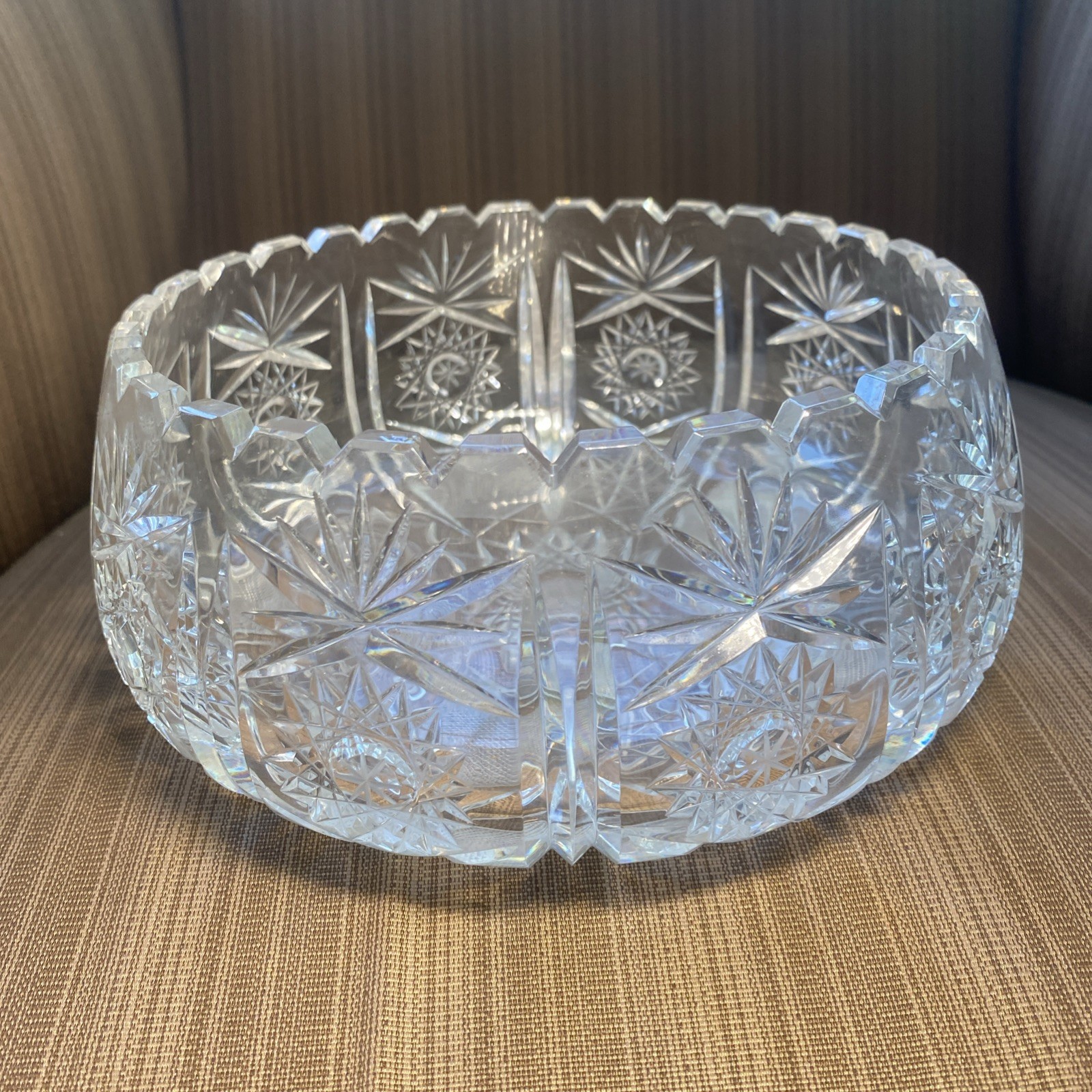 Vintage Hand-Cut ABP Crystal Bowl 8” Starburst & Fan Pattern Brilliant Sparkle