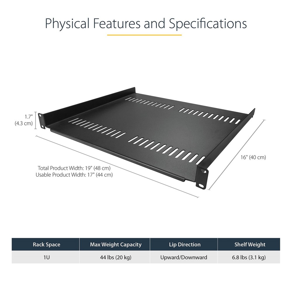 StarTech Vented 1U Rack Shelf For Server Rack or Cabinet - 16 in. Deep