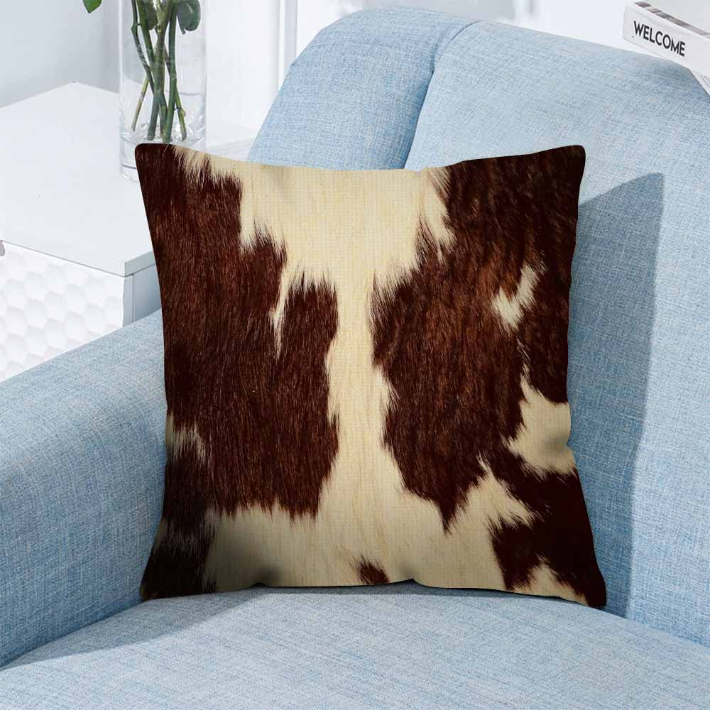 Cowhide Throw Pillow Covers 18X18,Cow Hair Cow Skin Brown and White Cotton Linen