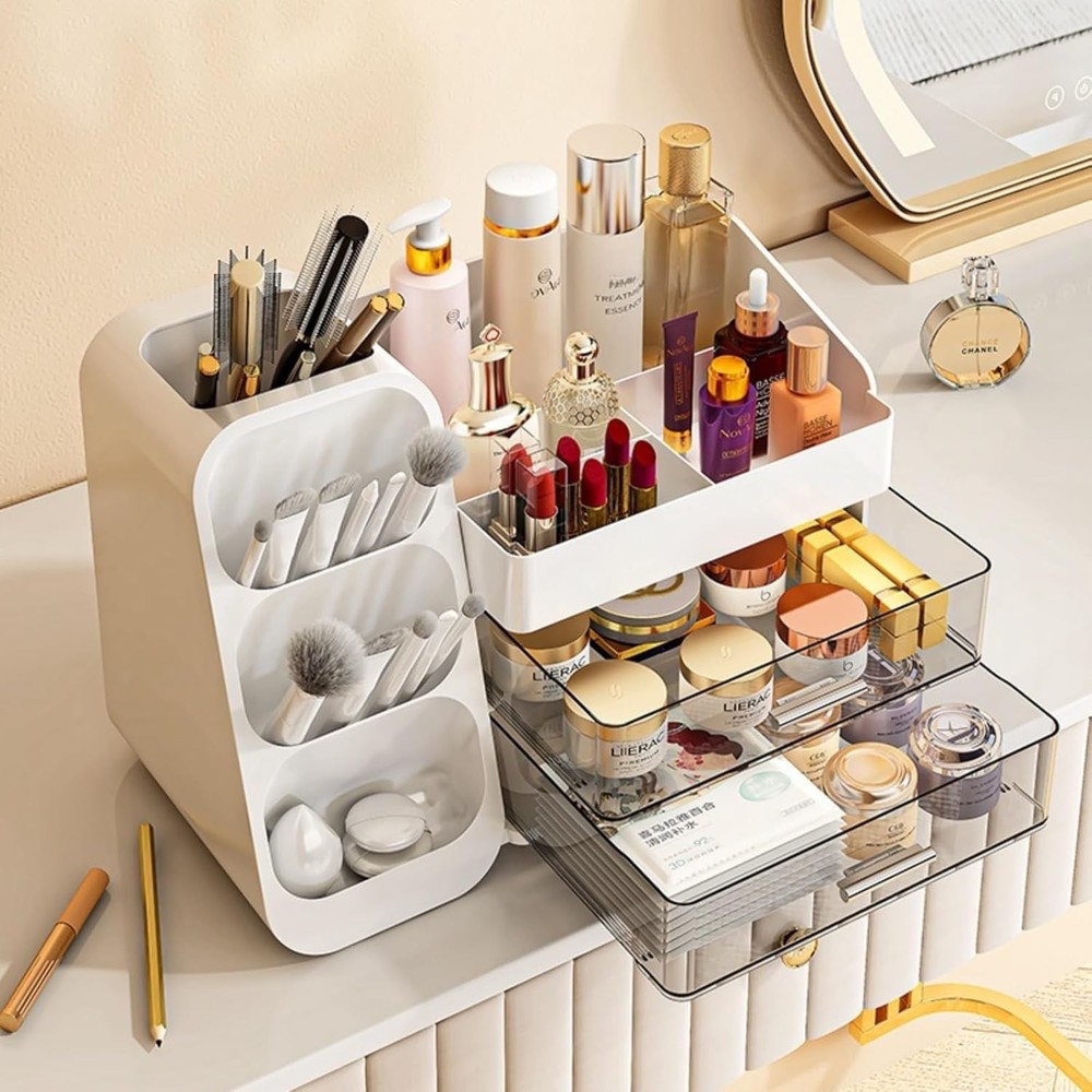 Makeup Organizer with Drawers for Vanity, Spacious Cosmetic Display Case White