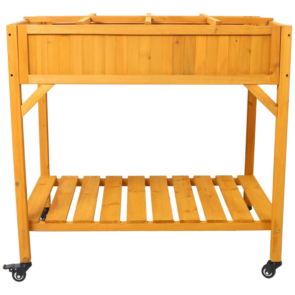 Mobile Elevated 8-Pocket Wood Planter w/ Lockable Wheels & Storage Shelf