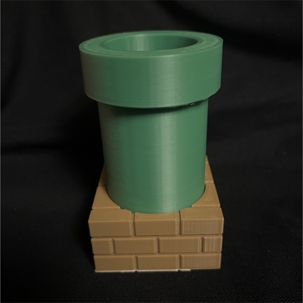 Green Pipe Cylinder Planter with Brick Pattern, Plastic, Video Game Theme