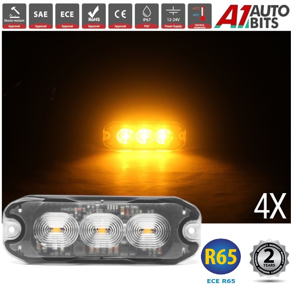 4X Amber 3 LED Emergency Slim R65 ECE Light Hazard Flash Strobe Bar Warning Car