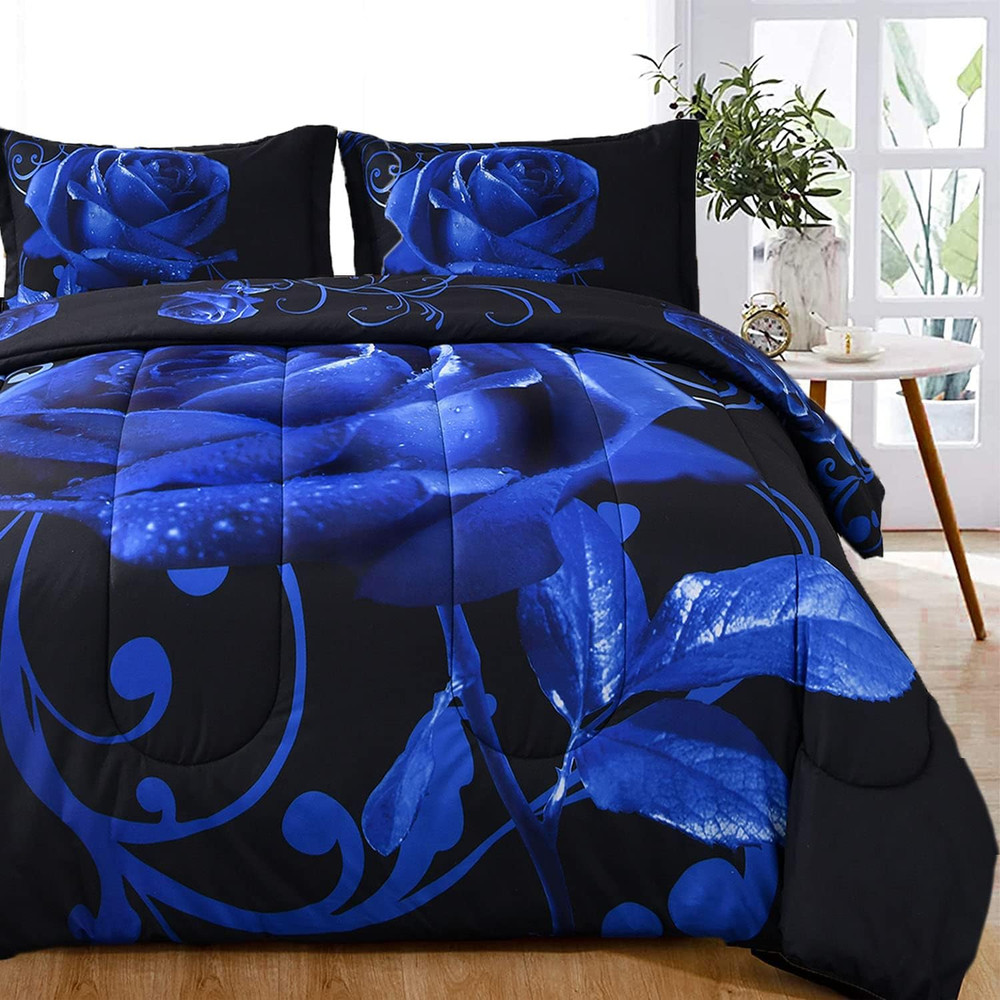 Blue Comforter Set Queen, Reversible Blue Rose Pattern Printed Bedding Comforter