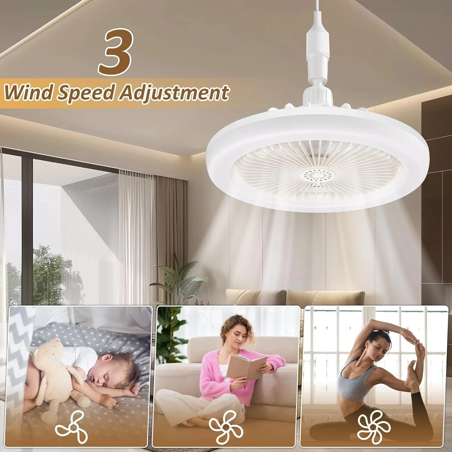 10" Adjustable E27 Socket Ceiling Fan Dimmable LED Light Remote Cooling Fan Lamp