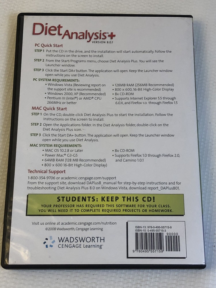 Diet Data Analysis Plus + Version 8.0.1 CD-ROM Windows Mac XP Vista 7 Wadsworth