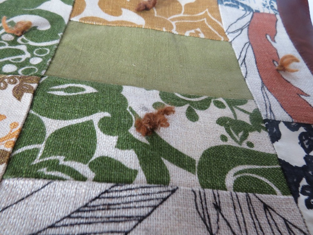 Vtg Quilted Tablecover Throw Handmade Machine Stitched Brown Multi-Print Boho