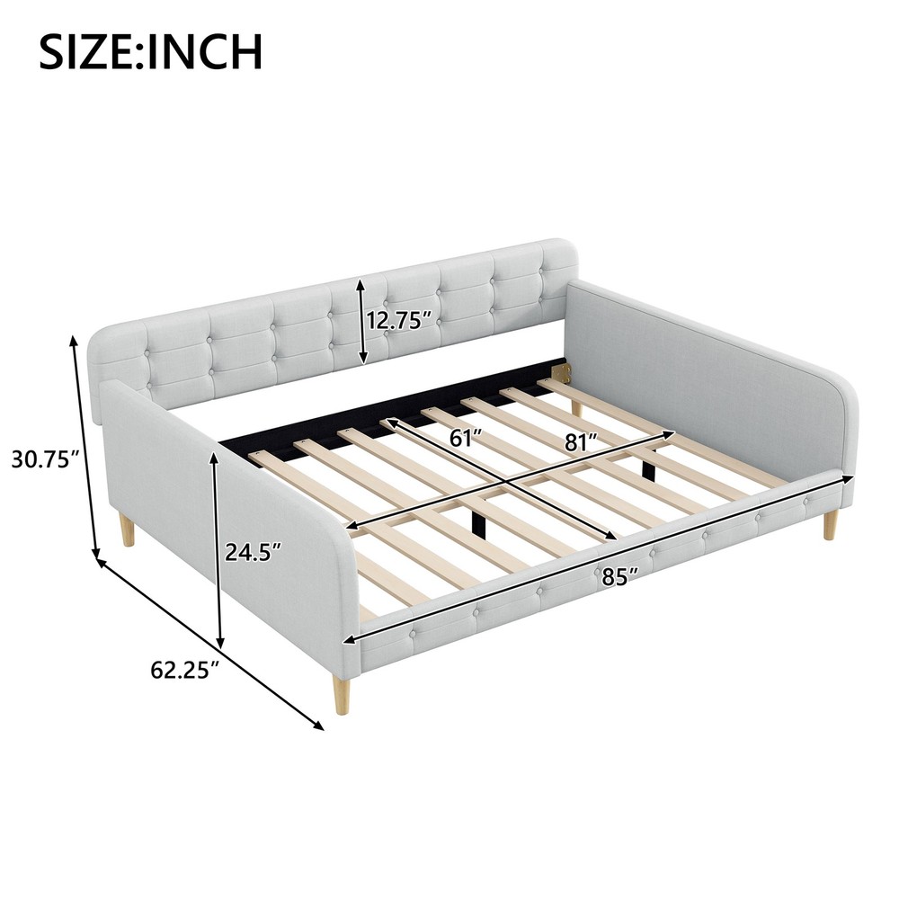 Queen Size Upholstered Daybed with 4 Support Legs, Beige