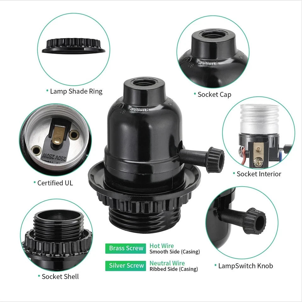 UL Listed E26 Light Socket, Lamp Socket Replacement with ON/Off Switch Medium