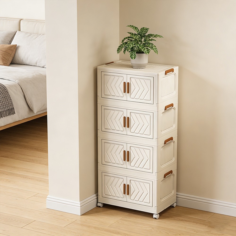 (White)4 Tier Stackable Storage Bins with Lids Doors Wheels Storage Drawer (Whit