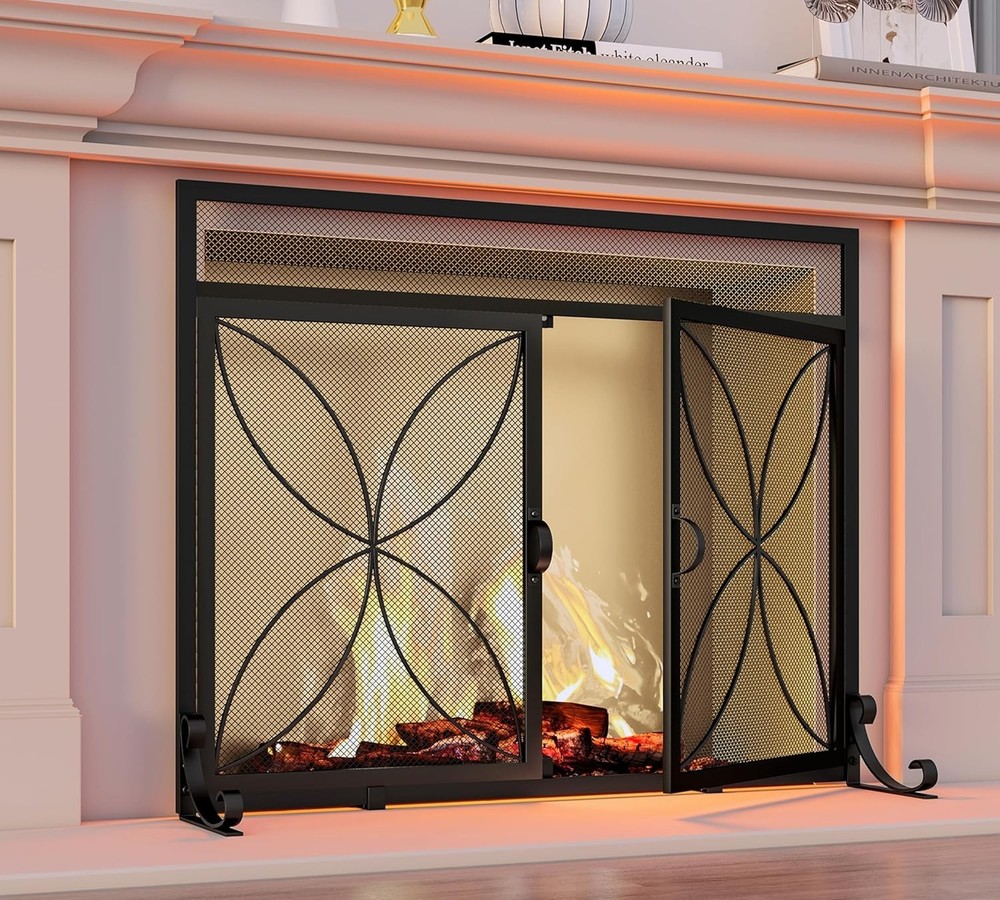 Fireplace Screen W/ Magnetic Doors,Handcrafted Wrought Iron Classical Scroll