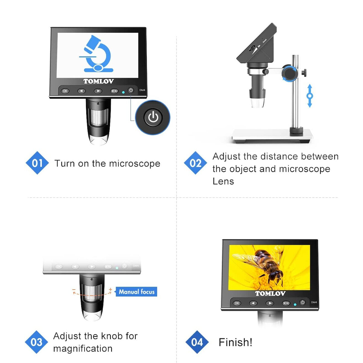 TOMLOV DM4 Digital Microscope 1000X 4.3" Screen 32G Coin Microscope Video/Photo