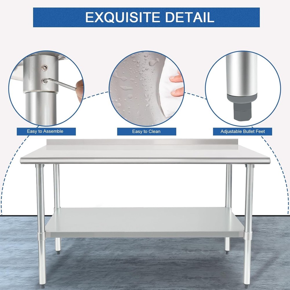 24x60in Stainless Steel Prep Table Undershelf Backsplash