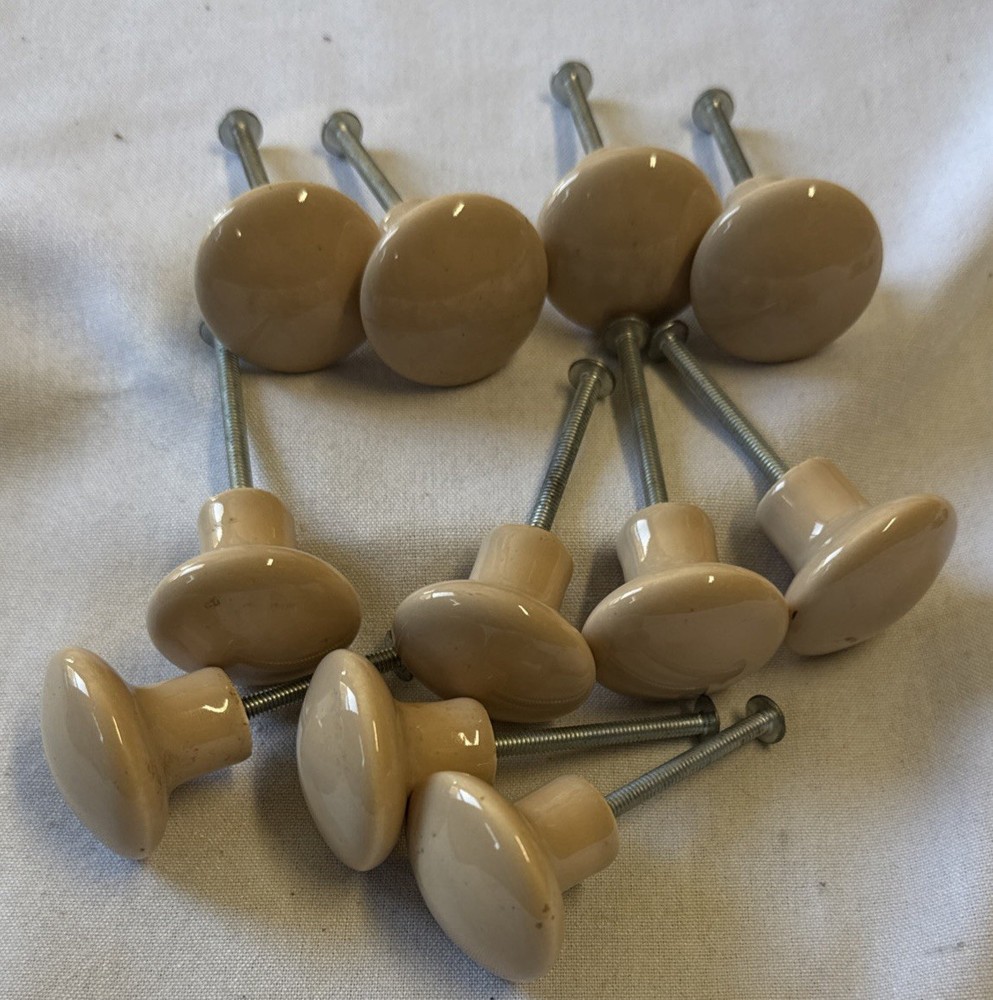 Vintage Lot of 11  Ceramic Beige Knobs Drawer Pulls