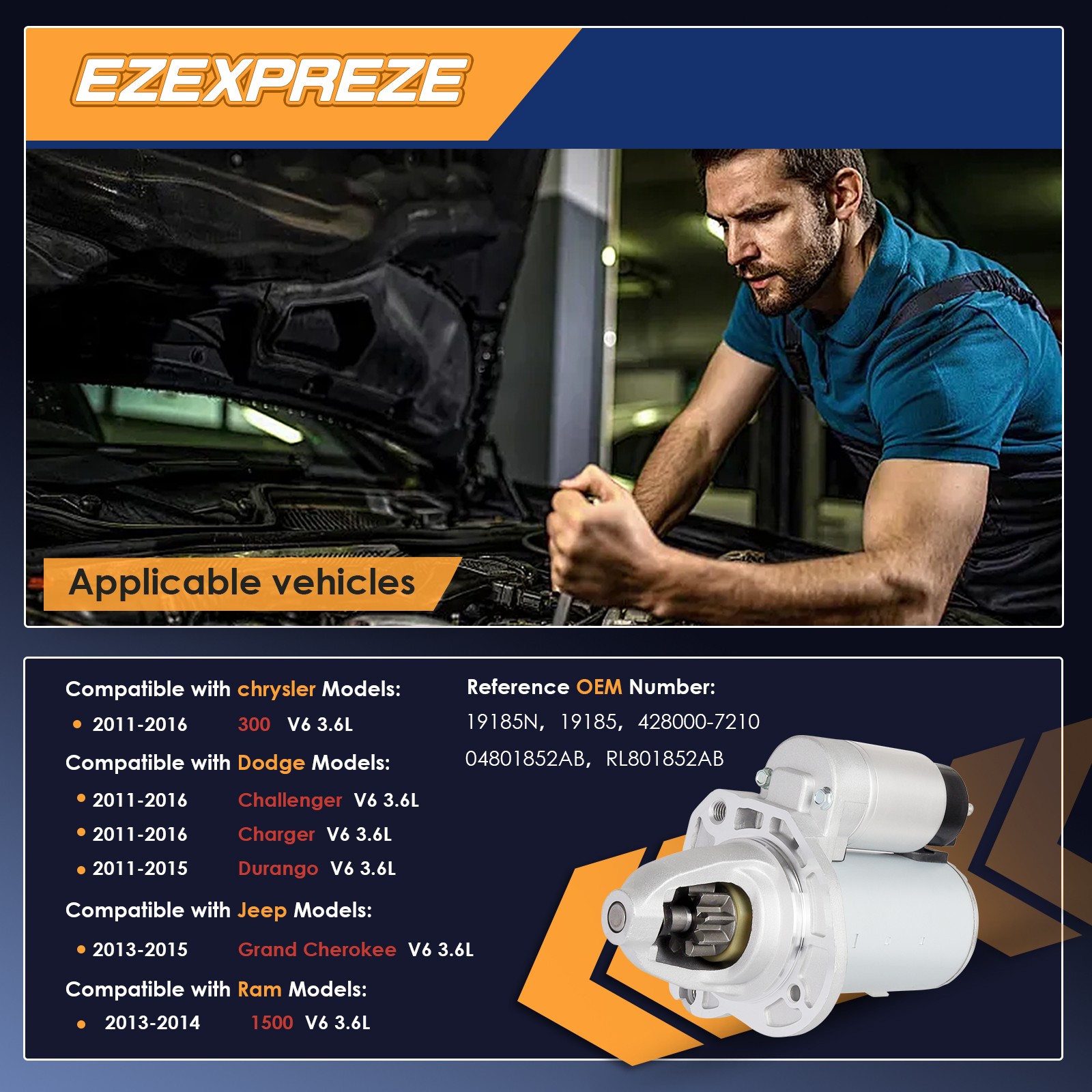 Starter for 2011-2016 Dodge Challenger Charger Durango Chrysler 300 4801852AB