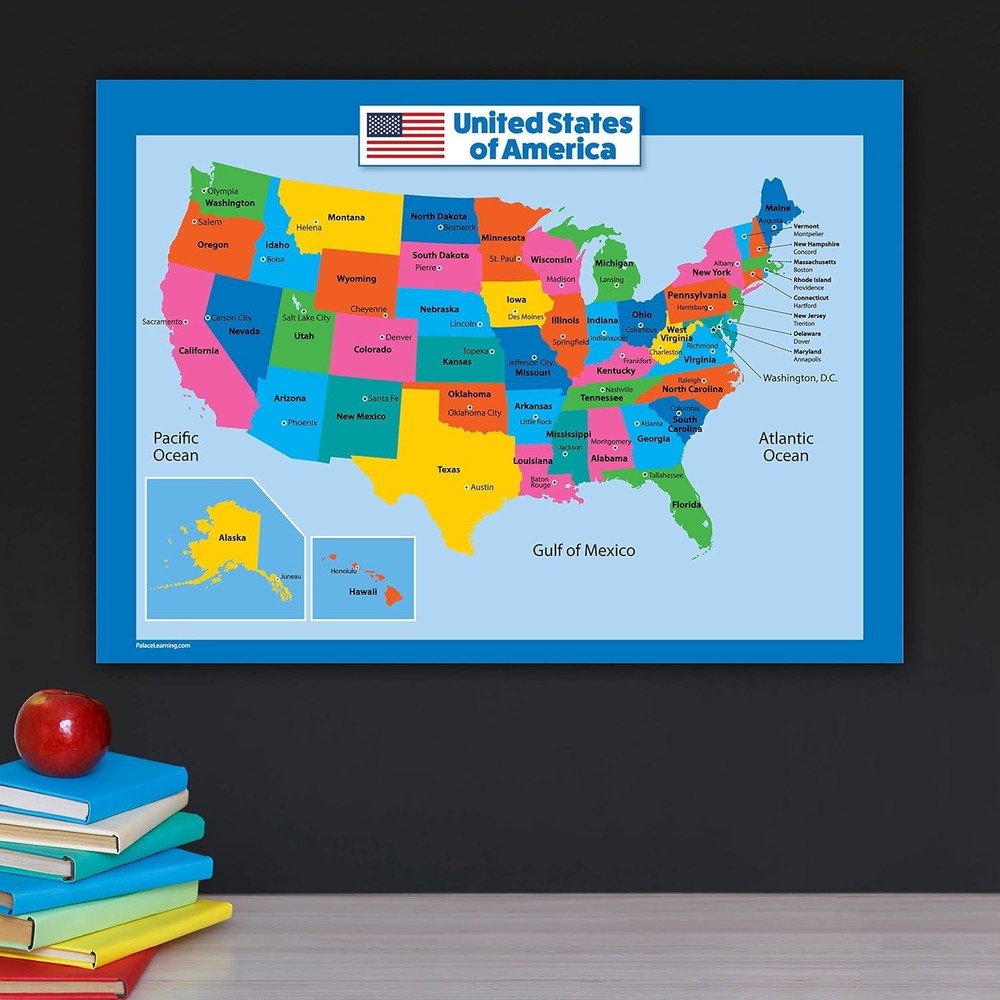 United State Map Laminated Poster -Double Side 18 x 24 Inch, Multicolor