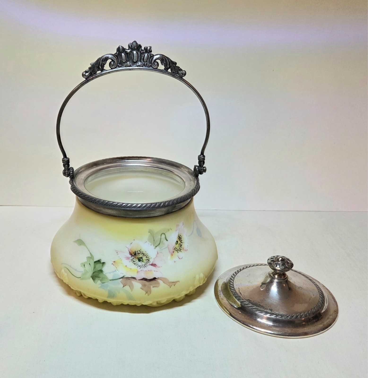 COOKIE or BISCUIT JAR SILVERPLATE HAND PAINTED PAIRPOINT