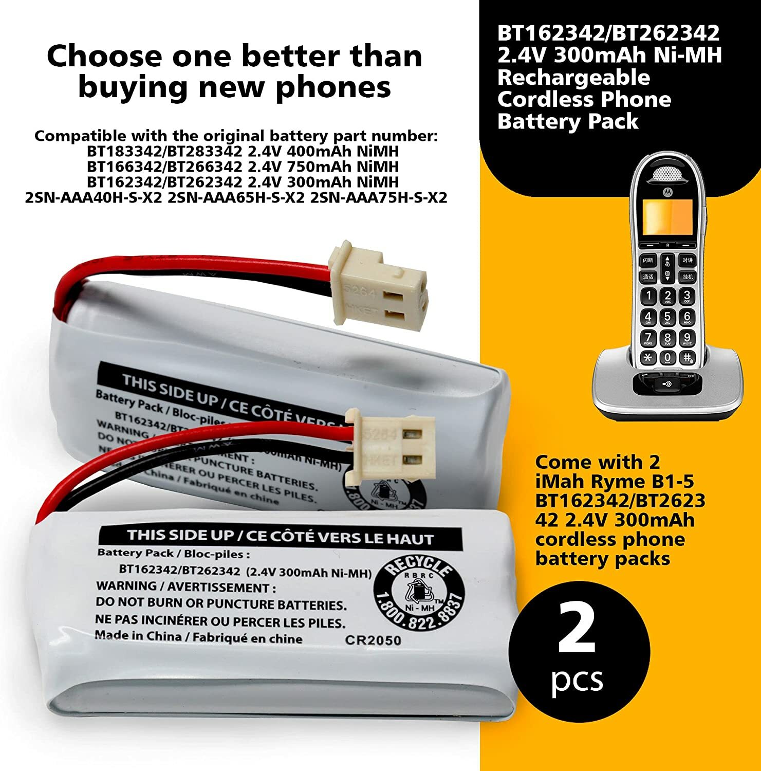 3-Pack Genuine VTech BT162342/BT262342 2.4V 300mAh Cordless Phone Battery Packs