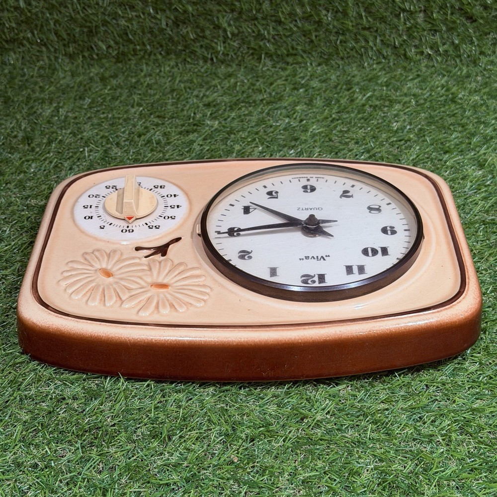 Vintage Retro Beige Flowered Ceramic German Kitchen Wall Clock/Timer/Working