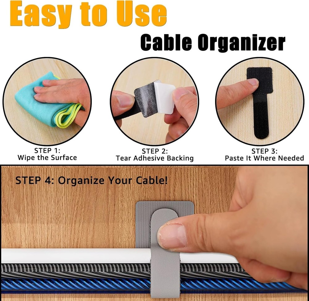 80PCS Hook and Loop Cable Straps, Cable Management Under Desk, Self Adhesive ...