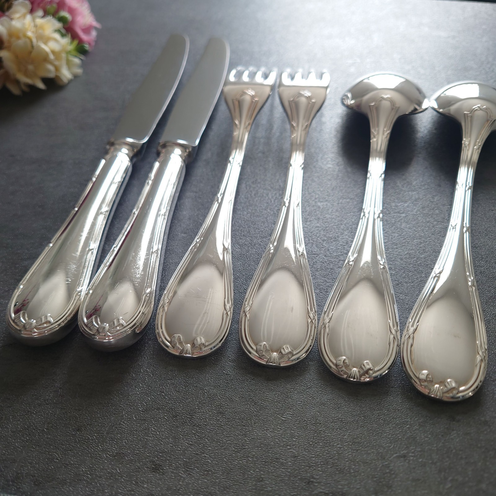 Christofle Rubans 6pcs Flatware Silverplated Table Knife Fork Spoon Excellent