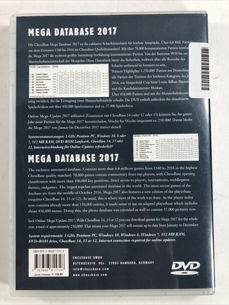 Mega Database 2017 by Chessbase 6.8 Million Games, 70,000 Annotated games DVDROM