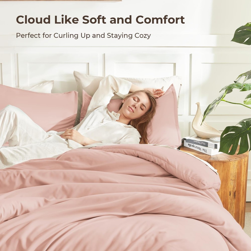 Pink Queen Size Comforter Set, 3 Pieces Blush Plain Bedding Comforter Set, Al...