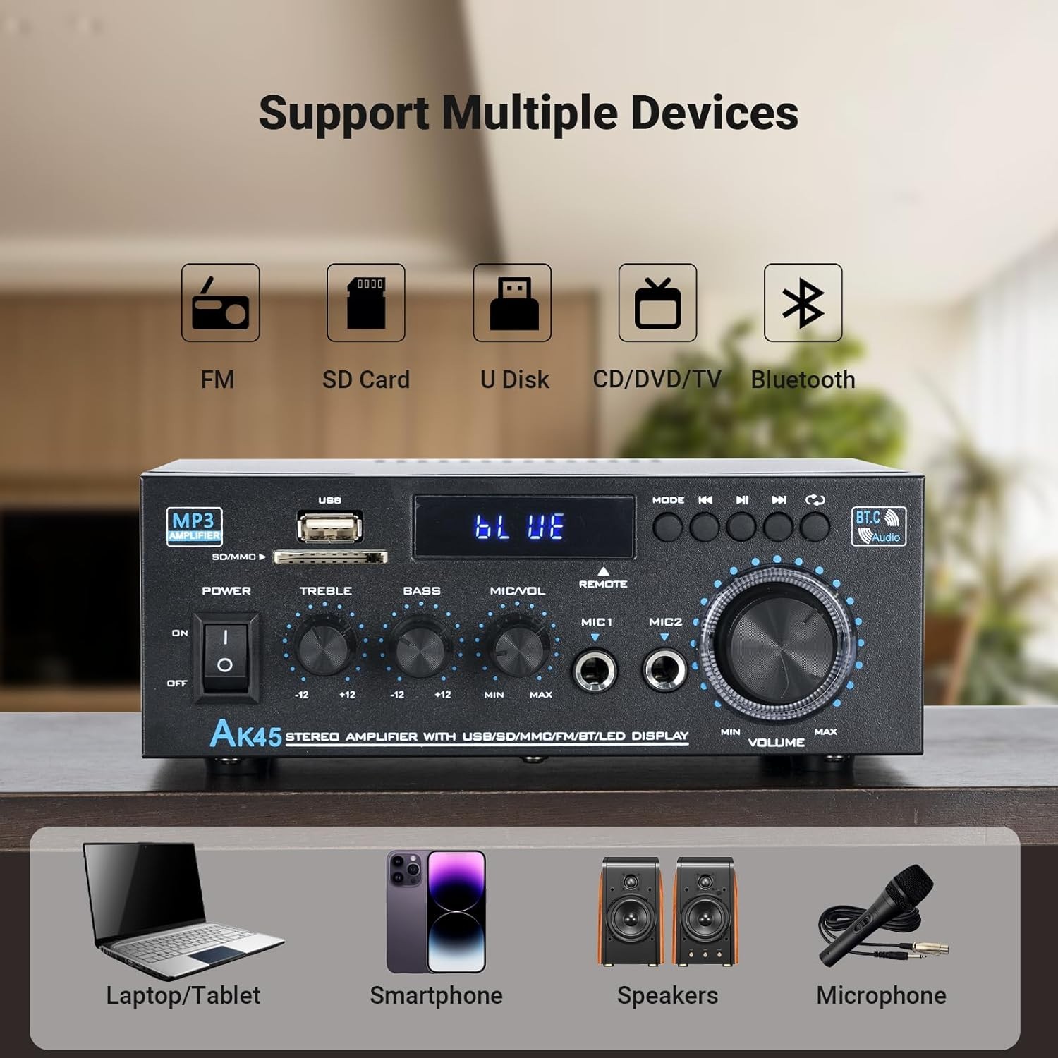 Stereo Receiver & Amplifier Home Audio Amp, AK45 Bluetooth Receiver for Home