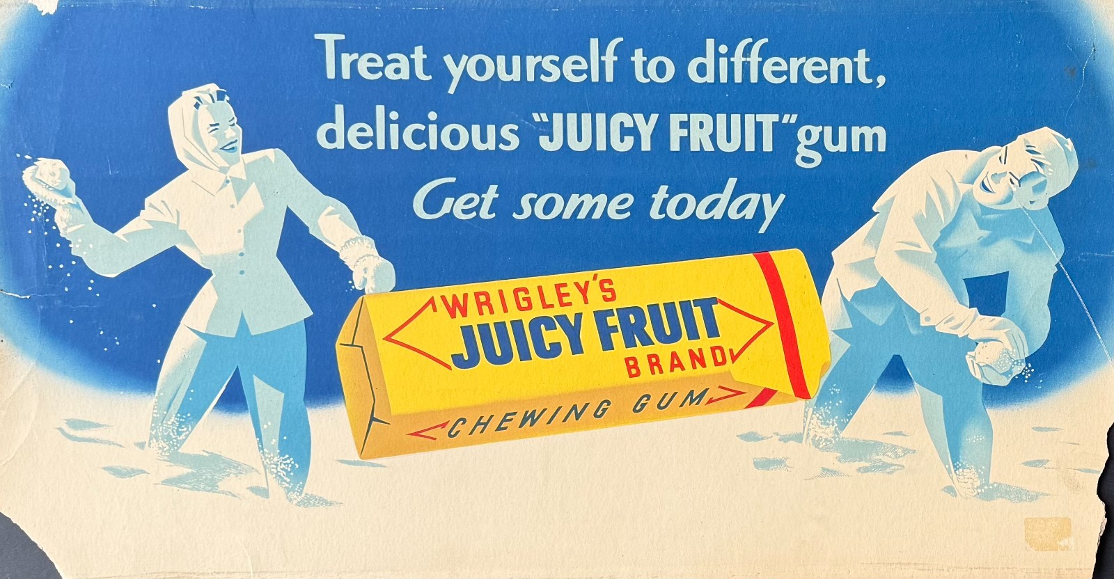 Vintage Wrigley Juicy Fruit Gum Advertising Sign Winter Ski Scene 11x21