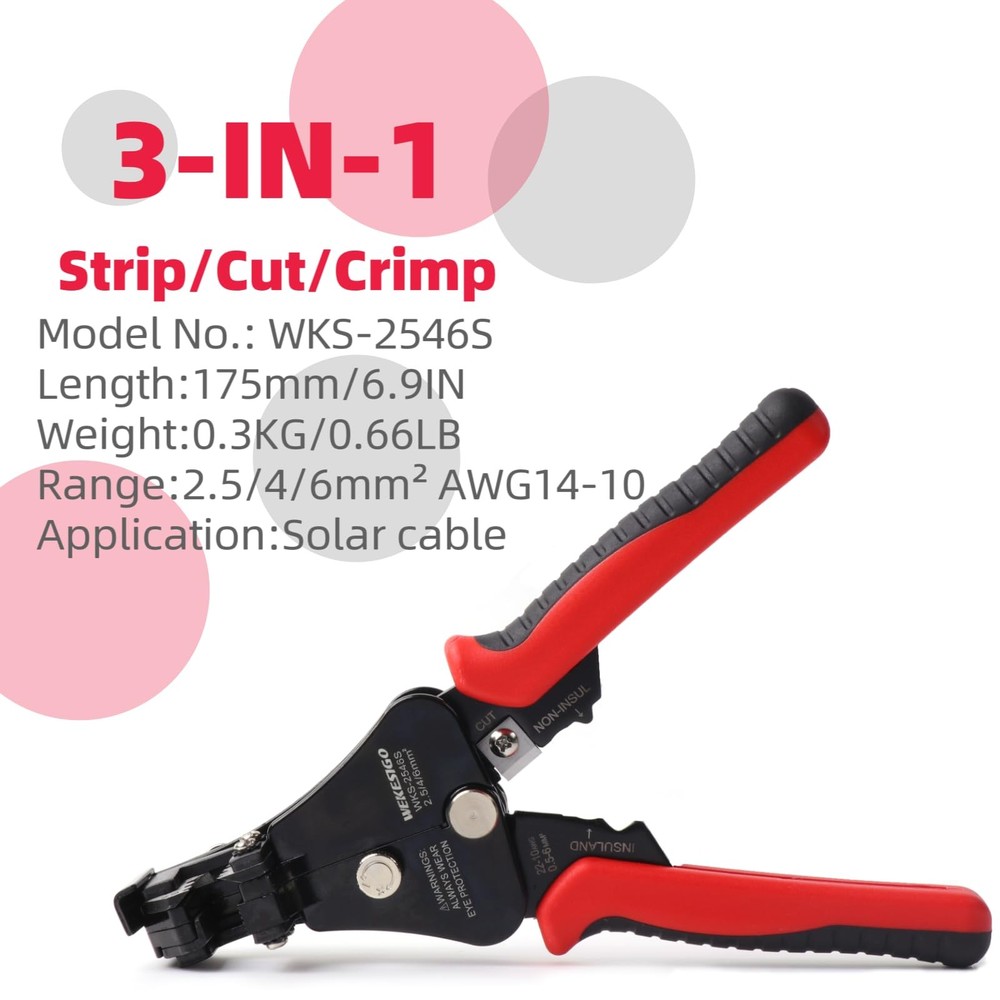 WEKESIGO 3 in 1 Adjustable Wire Stripper Tool, Automatic Solar Red/Black