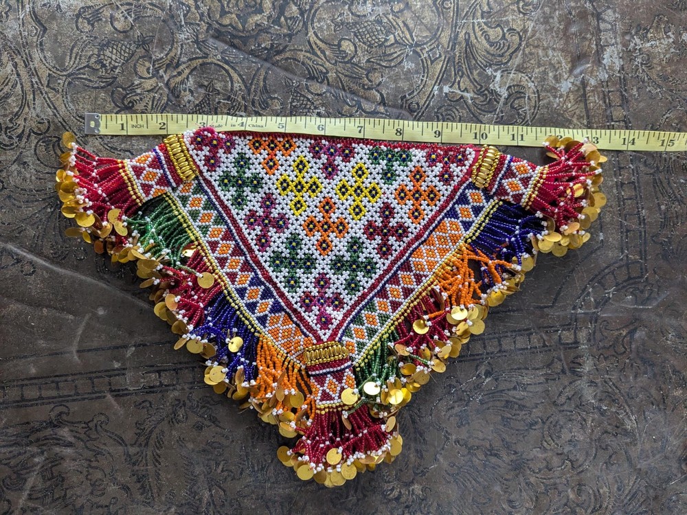 Vintage Kuchi Tribal Beaded Textile Patch Triangular 13" x 9" (19759)