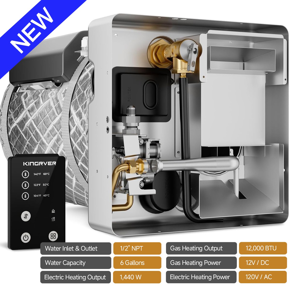 6 Gal Gas & Electric RV Camper Water Heater 1440W 12,000BTU +Controller W/0 door