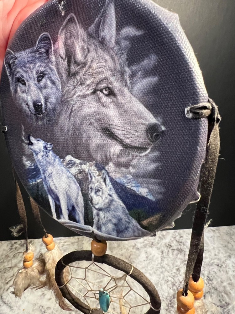 Wolf Theme Webbed Dream Catcher - Small Size - Preowned Native American
