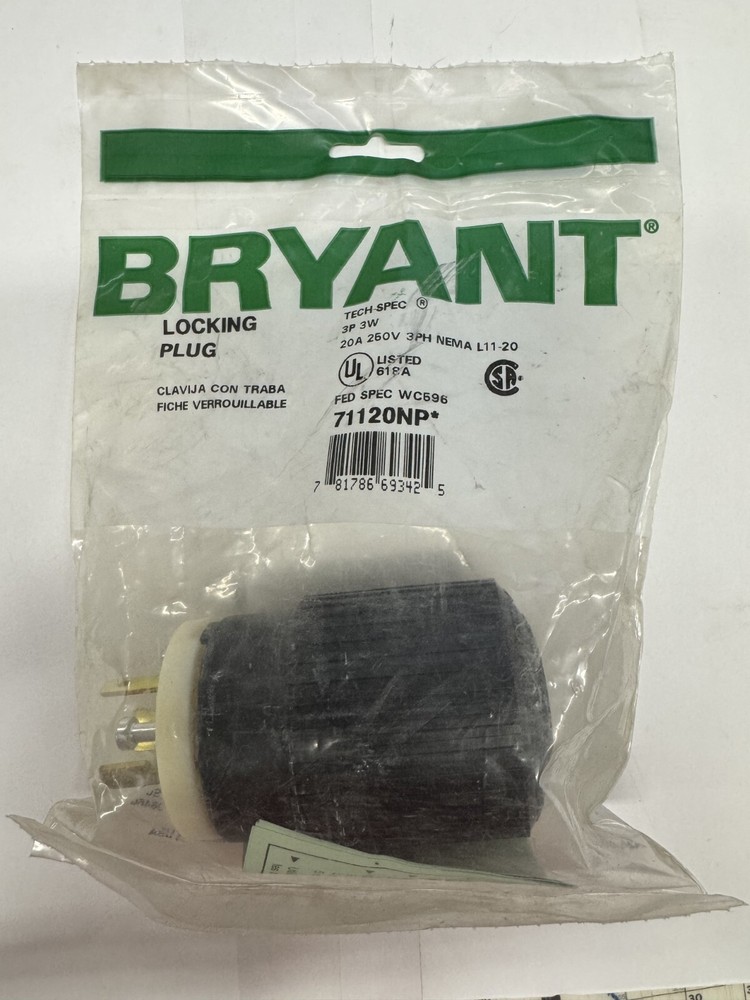 Bryant 71120NP Locking Plug, 3P 3W 20A 250V 3PH