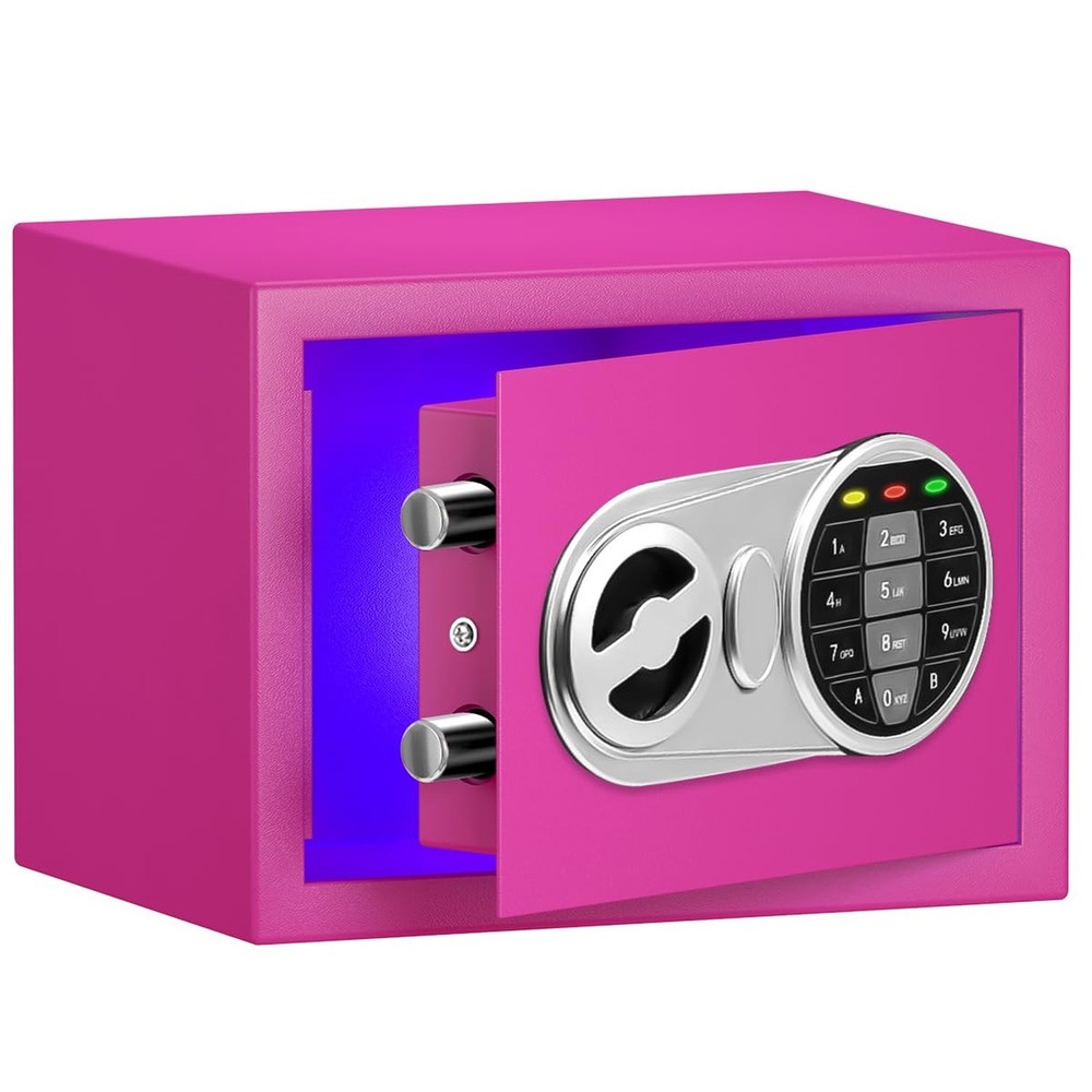 Pink Safe Box with Sensor Light, Electronic Digital Keypad, Steel Constructio...